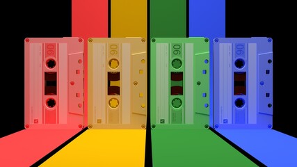 Four audio cassettes. Cassettes on a dark background. Retro style. 3D render.