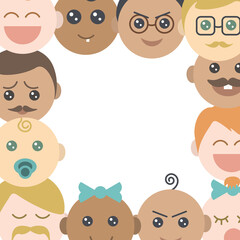 Vector image of various faces on picture frame 
