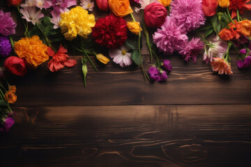 Background, a bouquet of flowers on a wooden background. AI generative.