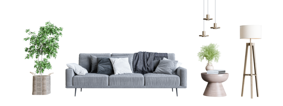 Front of view sofa and plant in 3d rendering	

