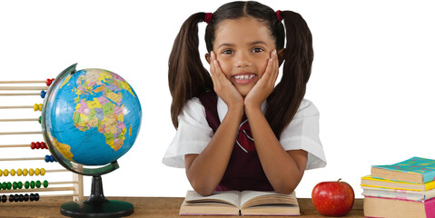 Schoolgirl leaning by globe and books - Powered by Adobe