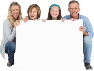 Family holding blank billboard