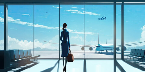 Fototapeta na wymiar Businesswoman awaiting for flight in departure hall - Generative AI