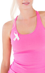 Mid section of woman wearing breast cancer awareness ribbon