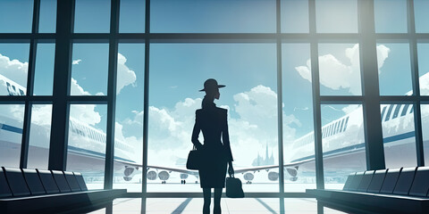 Fototapeta na wymiar Businesswoman awaiting for flight in departure hall - Generative AI