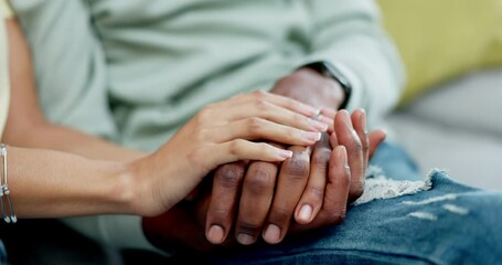 Couple, love and holding hands in home for support, comfort and care. Grief from cancer, affection and man and woman together for commitment, empathy or hope, trust or faith, kindness or relationship