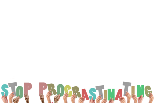 Colorful alphabet spelling stop procrastinating held up by people 