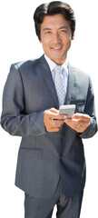 Obraz premium Confident estate agent standing at front door texting