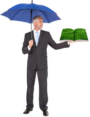 Man holding umbrella and lawn book