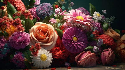 Background, a bouquet of beautiful spring flowers. AI generative.