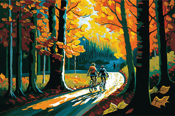 autumn forest background with cyclist