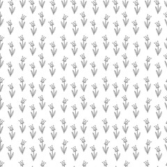 Seamless pattern with cute heart shaped flower character. Doodle black and white vector illustration.