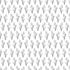 Seamless pattern with cute grape hyacinth flower character. Doodle black and white vector illustration.