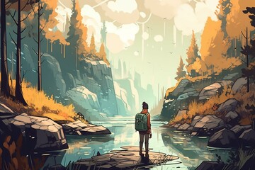 An illustration of a traveler on a journey through nature, with a focus on the beauty and serenity of the natural world Generative AI