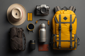 Flat lay of camping equipment and trekking clothes. Packing backpack for a trip concept with traveler items isolated on a grey background. Generative AI.
