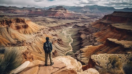 Fototapeta premium A traveler standing on a cliff, overlooking a vast, dramatic canyon with layers of colorful rock formations Generative AI