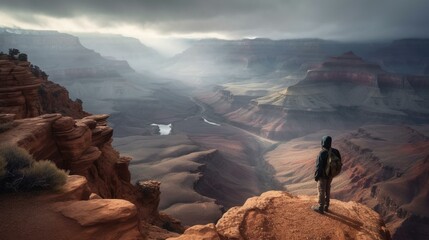A traveler standing on a cliff, overlooking a vast, dramatic canyon with layers of colorful rock formations Generative AI