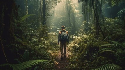 A traveler trekking through a dense jungle, encountering exotic wildlife and plants Generative AI - obrazy, fototapety, plakaty