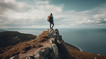 A traveler standing on the edge of a cliff, feeling the rush of the wind and the adrenaline of the view Generative AI