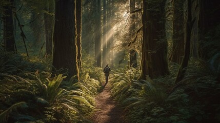 Fototapeta A lone traveler hiking through a dense forest of tall, majestic trees with rays of sunlight filtering through the branches Generative AI obraz