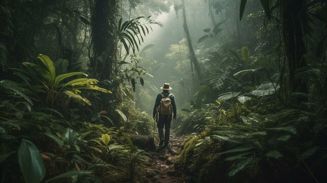 A traveler trekking through a dense jungle, encountering exotic wildlife and plants Generative AI