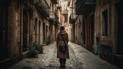 Fototapeta na wymiar A traveler wandering through a quiet, deserted town, feeling a sense of nostalgia and mystery Generative AI