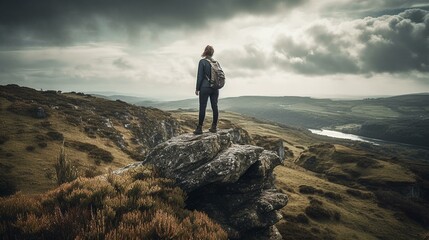 A traveler standing on a cliff, feeling a sense of peace and tranquility as they look out at a vast, serene landscape Generative AI