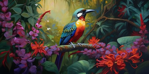 Colorful bird perched on a tropical branch, Generative AI.