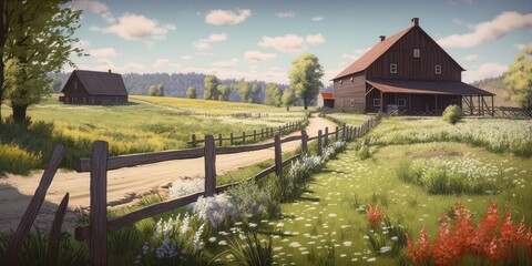 Scenic farm painting with barn, fence, and flowers, Generative AI.