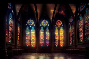 Fototapeta na wymiar Illuminated Stained Glass Windows in a Church, Generative AI.