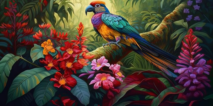 Colorful bird perched on a tropical branch, Generative AI.