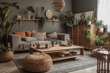 Boho living room with gray couch, wooden coffee table, cube, bamboo shelf, several plants, and lovely personal items. Decoration. Template. Generative AI