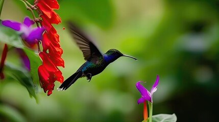 Blue hummingbird violet sabrewing flying. Generative AI