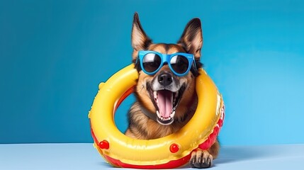 Funny smile dog with sunglasses and swim ring. Generative AI