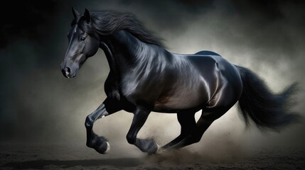 Picture presenting the galloping black horse. Generative AI