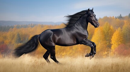 Obraz na płótnie Canvas Picture presenting the galloping black horse. Generative AI