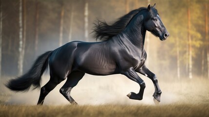 Picture presenting the galloping black horse. Generative AI