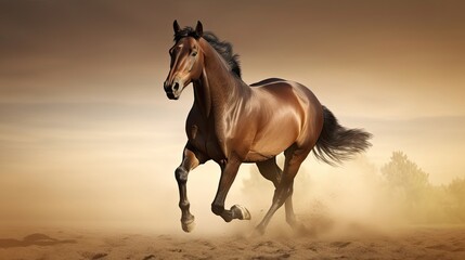 Fototapeta na wymiar Picture presenting the galloping brown horse. Generative AI