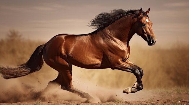 Picture presenting the galloping brown horse. Generative AI