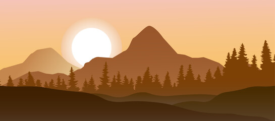 Landscape vector. Mountain scenery. Sunset vector background.