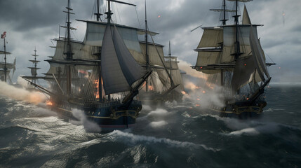 Obraz premium Sailing ship battle in the ocean [AI GENERATIVE]