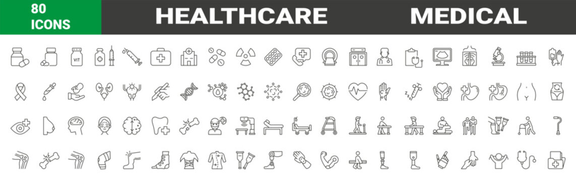 Set of 80 line icons healthcare medical. Medical care. Dermatology, gynecology, oncology, dentistry. Sports and fitness, Editable stroke Vector illustration. Outline icon collection