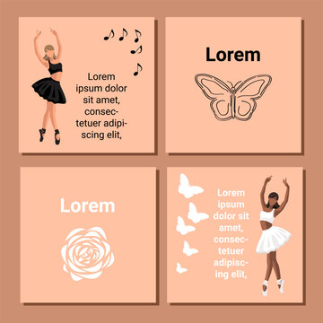 Set of theatre ticket design. Ballet flyer template. Ballerina silhouette in the tutu and pointe shoe with butterfly and flower. Brown card design with copy space text. Vector illustration