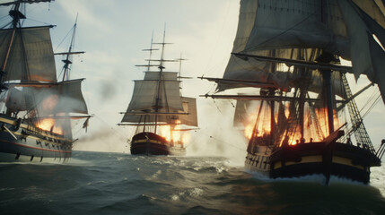 Obraz premium Sailing ship battle in the ocean [AI GENERATIVE]