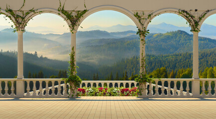Panoramic view from the terrace over the mountain range and dense forest. Terrace with columns and...