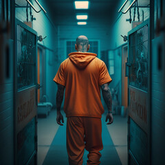 Inmate Prisoner Tough Man In Prison Walking Down Hall Generative AI