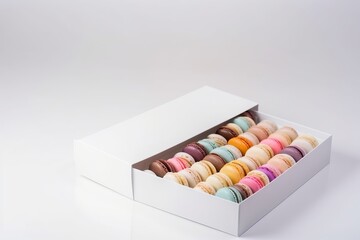 white box full of multicolored macaroons on the white background. Generative AI