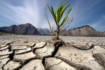 plant growing in soil, dried desert mud, mountain on background Generative AI