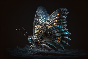 Fototapeta na wymiar Graceful butterfly on a dramatic black backdrop