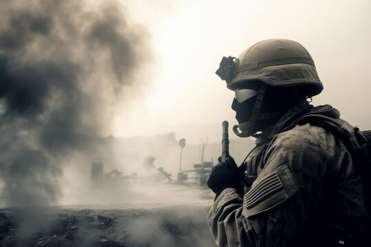 soldier in action, battlefield, smokes and disaster, scenario background.Generative AI
